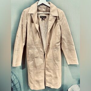 Pale yellow Italian Leather Midi Trench style Coat  Warm Lining , Pockets